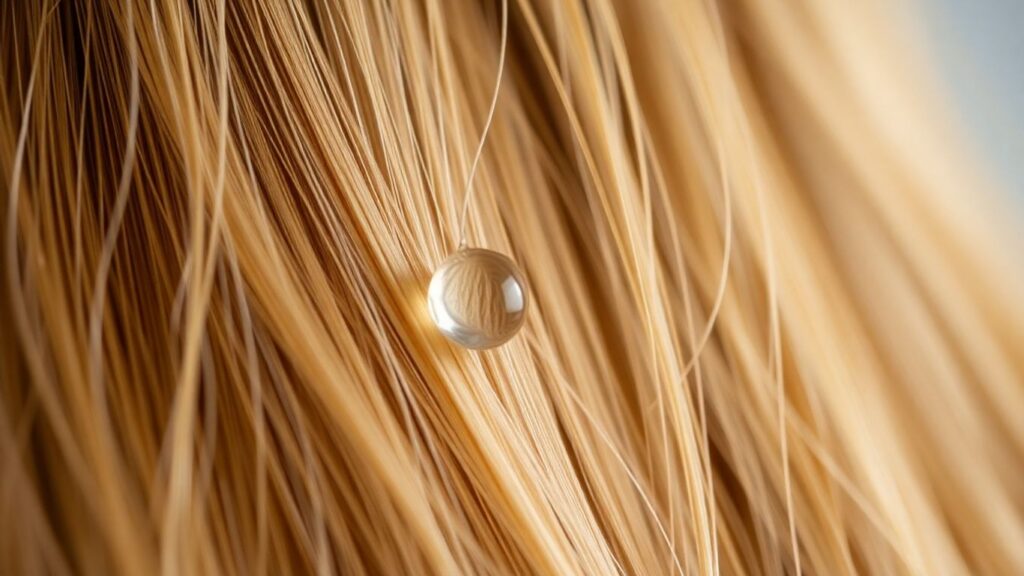 Gesunde Haarsträhnen mit einem Tropfen Behandlung.