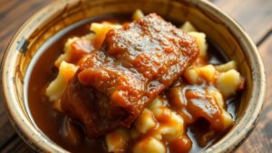 Deftiger Himmel und Erde mit gebratenem Bauchspeck