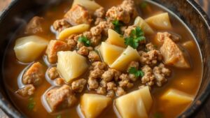 Herzhafter Spitzkohl-Eintopf mit Hackfleisch in einer Schüssel.