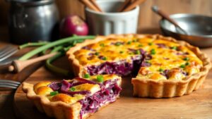 Quiche mit Rotkohl und Lauch auf Holztisch angerichtet