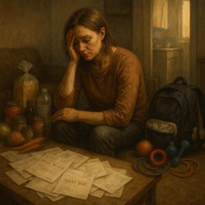 Symbolbild: Alleinerziehende Frau im Alltag mit finanziellen Belastungen und familiären Herausforderungen