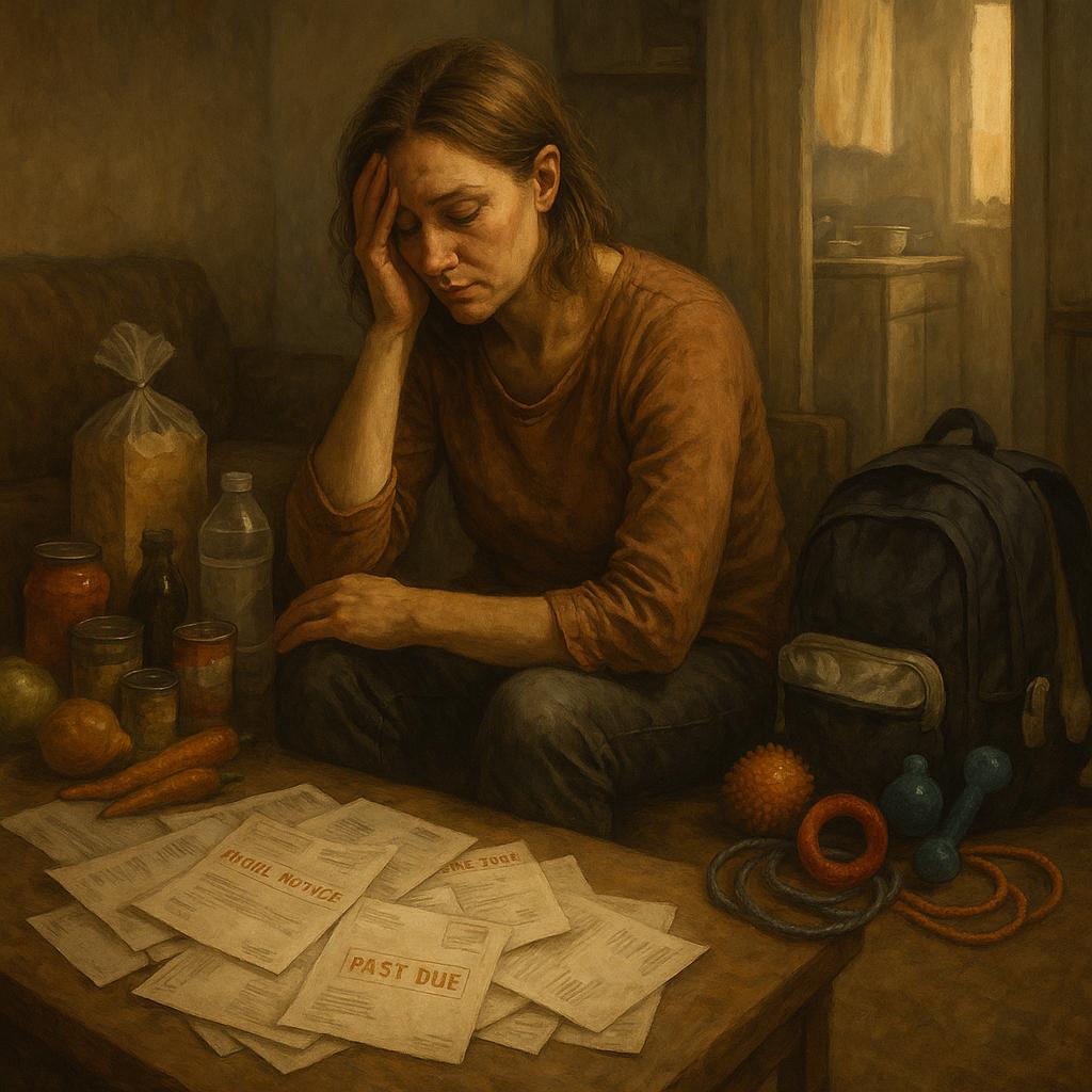 Symbolbild: Alleinerziehende Frau im Alltag mit finanziellen Belastungen und familiären Herausforderungen