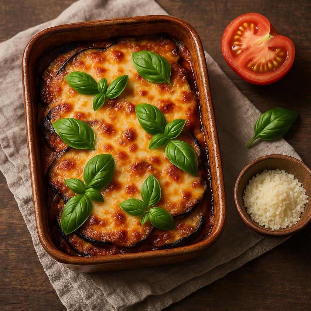 Frisch gebackene Parmigiana di Melanzane mit geschmolzenem Käse und Basilikum in rustikaler Auflaufform – italienischer Auberginenauflauf