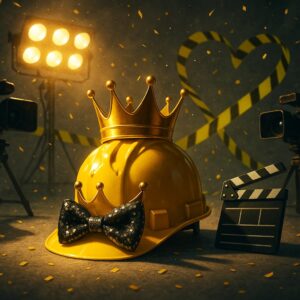 Goldene Krone auf Baustellenhelm mit Kameras und Konfetti – Symbolbild zu Promi Big Brother 2025