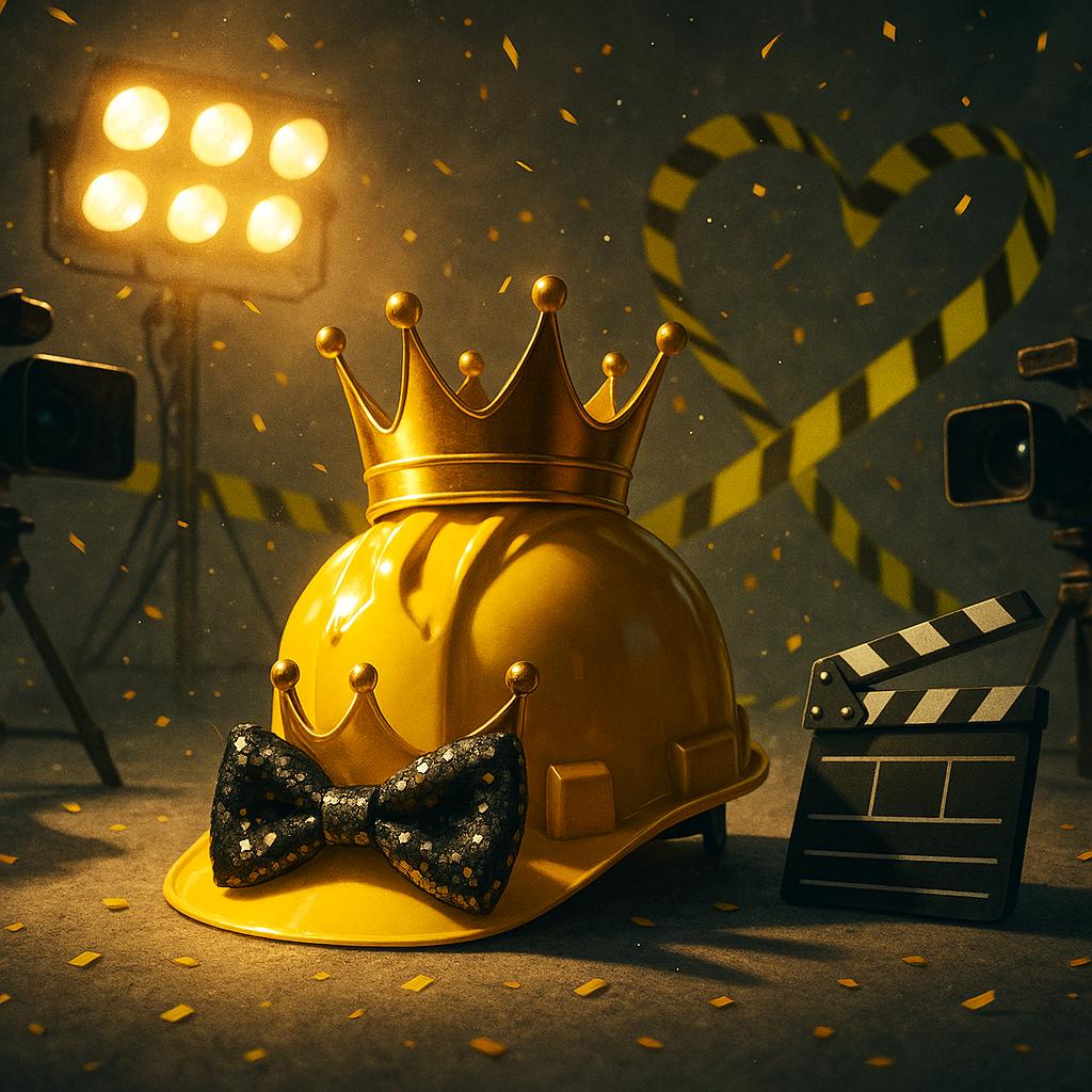 Goldene Krone auf Baustellenhelm mit Kameras und Konfetti – Symbolbild zu Promi Big Brother 2025