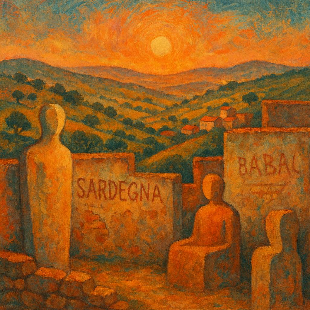 Sardische Landschaft bei Sonnenuntergang mit Kunst und Horizont in Nuoro