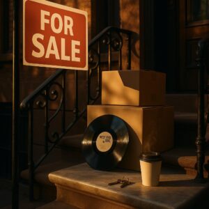 Symbolisches Bild: Brooklyn-Brownstone mit For-Sale-Schild, Vinyl-Schallplatte und Umzugskartons – Nachrichten zu Lily Allen und David Harbour