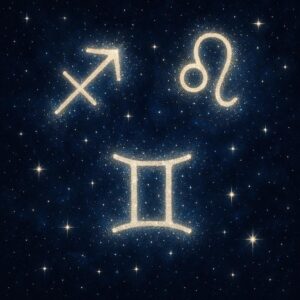 Symbolische Darstellung von drei charismatischen Sternzeichen: Schütze, Löwe, Zwillinge am Nachthimmel