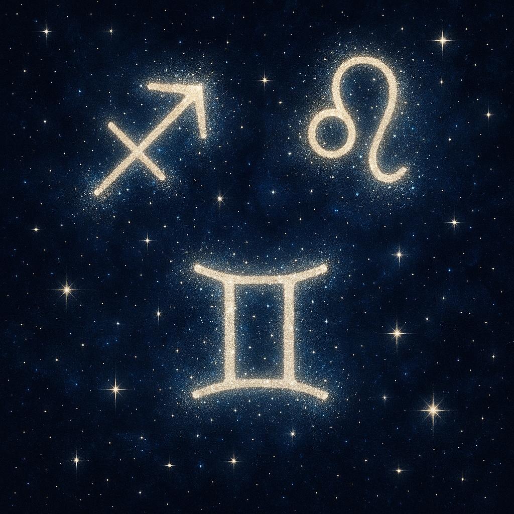 Symbolische Darstellung von drei charismatischen Sternzeichen: Schütze, Löwe, Zwillinge am Nachthimmel