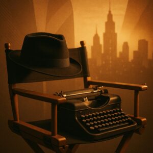 Symbolisches Bild zum Diane-Keaton-Nachruf: schwarzer Filzhut auf Regiestuhl neben Schreibmaschine vor Skyline im Abendlicht, filmisch und warm