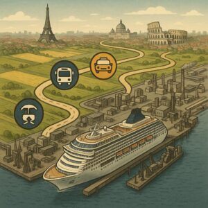 Symbolisches Bild eines Kreuzfahrtschiffs in einem entfernten Industriehafen mit einer europäischen Stadt im Hintergrund, Kreuzfahrt Häfen Europa