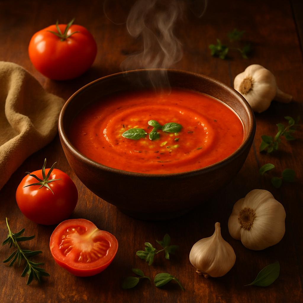 Cremige geröstete Tomatensuppe in einer Schale auf Holztisch mit Zutaten – herbstlich und rustikal