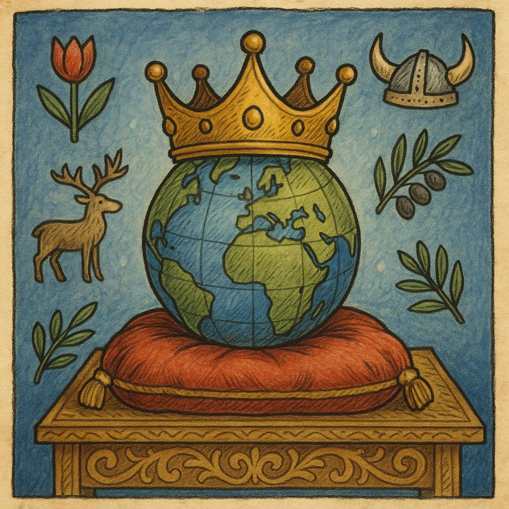 Symbolische Darstellung einer Krone auf Globus – europäische Königshäuser 2025
