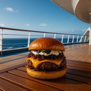 Burger auf Kreuzfahrtschiff mit Meerblick, stilisierte Gourmet-Version