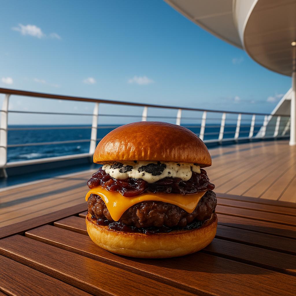 Burger auf Kreuzfahrtschiff mit Meerblick, stilisierte Gourmet-Version