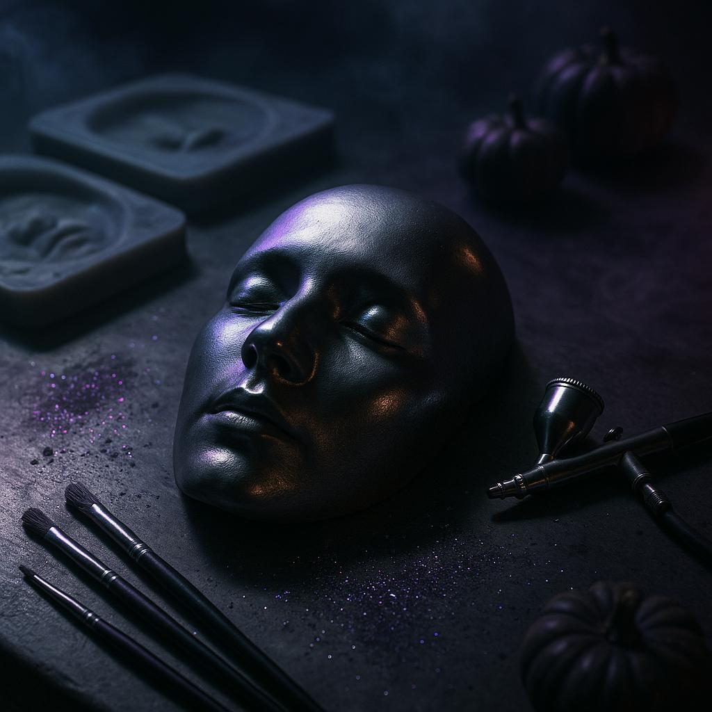 Symbolisches Halloween-Bild 2025: silberne 3D-Gesichtsmaske auf Werkbank mit Prothesen-Tools, Nebel und dramatischem Licht