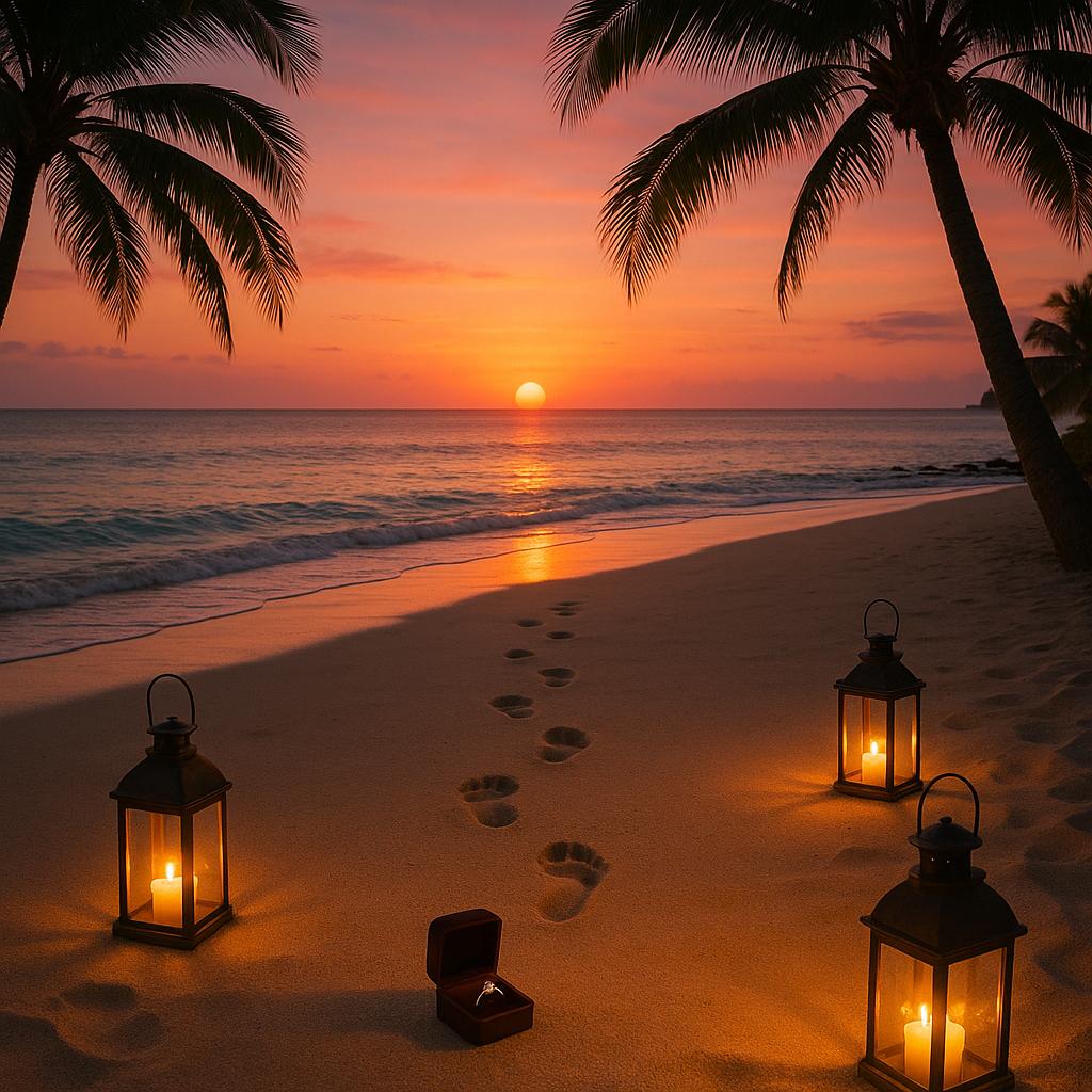 Romantischer Antrag mit Ringbox im Sand bei Sonnenuntergang – perfekte Kulisse für den Heiratsantrag im Urlaub