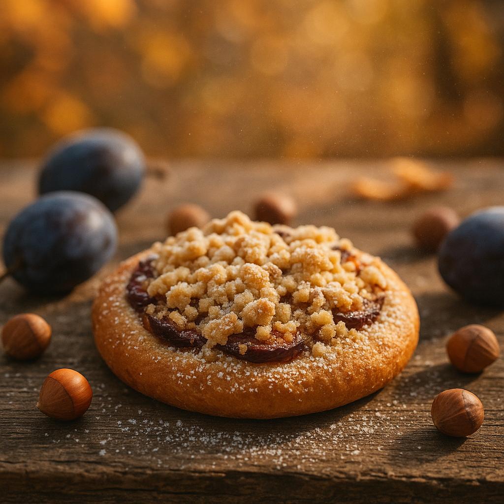 Streuseltaler mit Zwetschgen und Haselnuss-Streuseln auf Holzplatte im Herbstlicht