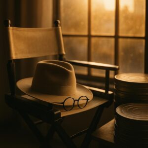 Symbolisches Stillleben zu Diane Keaton – weiter Hut, schwarze Brille und 35mm-Filmrollen im warmen Studiolicht, Hommage an die Hollywood-Ikone