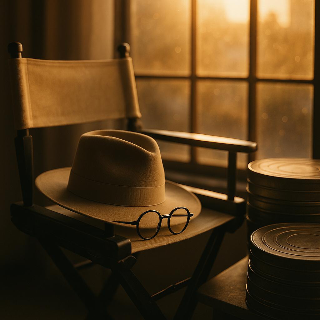 Symbolisches Stillleben zu Diane Keaton – weiter Hut, schwarze Brille und 35mm-Filmrollen im warmen Studiolicht, Hommage an die Hollywood-Ikone