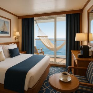 Kabinenkomfort auf Kreuzfahrt – Hängematte und Kaffemaschine mit Meeresblick