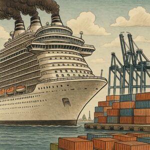 Ein Kreuzfahrtschiff liegt in einem Hafen voller Container, im Hintergrund eine weit entfernte Skyline einer europäischen Stadt – ironische Darstellung europäischer Kreuzfahrthäfen
