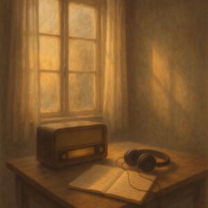 Ein nostalgisches Radio, Liedtexte und Kopfhörer symbolisieren die heilende Kraft der Musik – inspiriert vom Film 'No Hit Wonder'