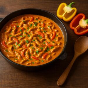 Cremiges Paprika-Rahm-Geschnetzeltes mit Hähnchen, serviert in rustikaler Pfanne mit frischen Kräutern