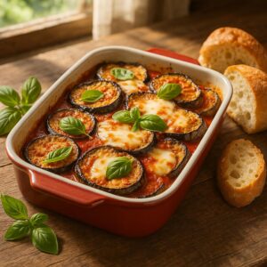 Köstlicher Auberginenauflauf Parmigiana di Melanzane mit Tomate und Käse in Auflaufform – italienisches Originalrezept