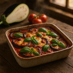 Saftiger Auberginenauflauf mit Tomatensauce, Mozzarella und Basilikum – Parmigiana di Melanzane