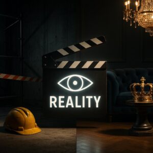 Symbolbild zu Promi Big Brother 2025: Baustellen-Rohbau neben luxuriöser Musterwohnung mit goldener Krone und Filmklappe, ohne Personen