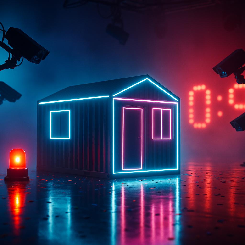 Symbolisches Bild zum Start von Promi Big Brother 2025: Neon-beleuchteter Container, Kameras und Studiolicht ohne Personen