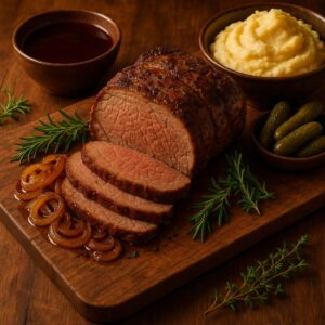 Rouladenbraten mit Soße, Kartoffelbrei und karamellisierten Zwiebeln serviert – rustikales Sonntagsessen