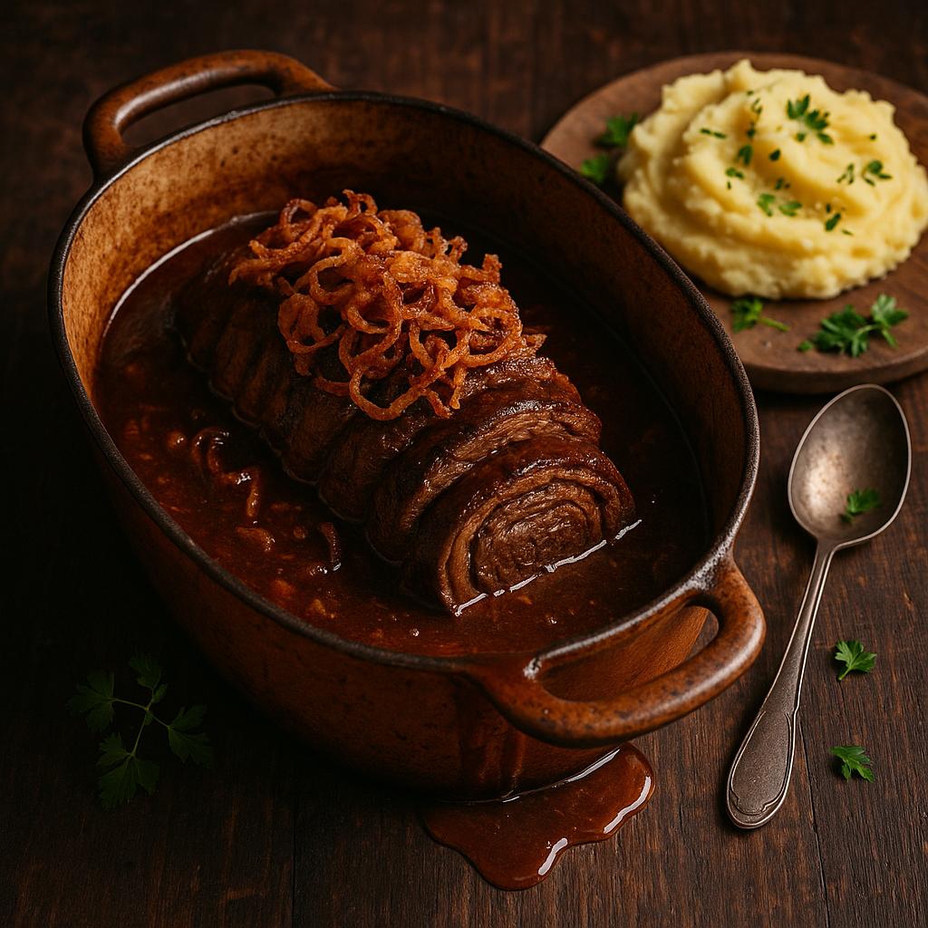 Rouladenbraten auf rustikalem Tisch mit Kartoffelbrei und glänzender Soße