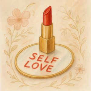 Roter Lippenstift auf Spiegel als Sinnbild für Selbstbewusstsein und Schönheit im Alter