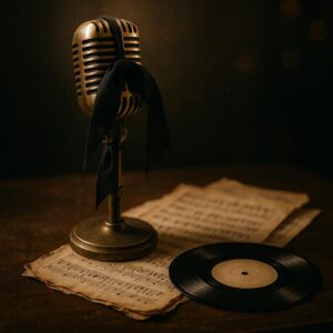 Symbolisches Foto ohne Personen: Goldenes Retro-Mikrofon mit Trauerflor auf Notenblättern und Vinyl – Nachruf auf Bernd Meinunger, ESC- und Schlager-Texter