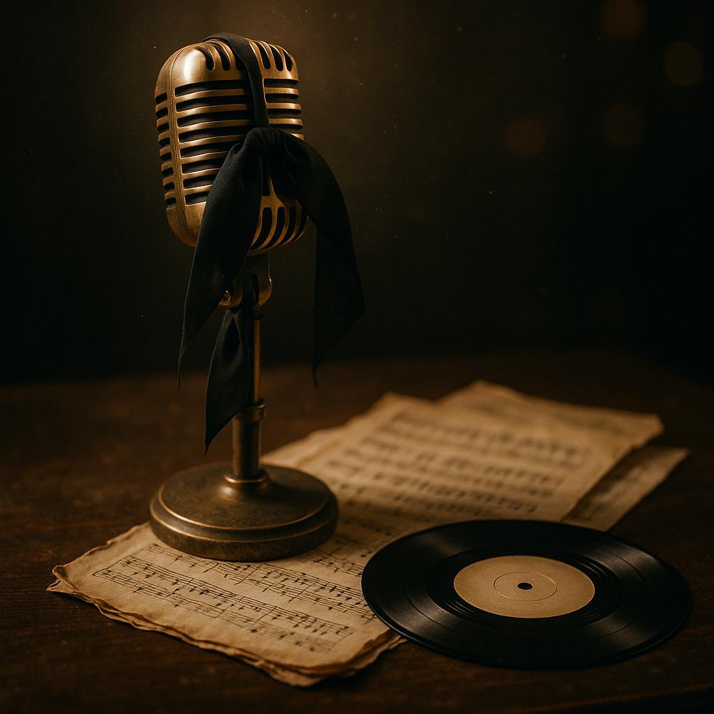 Symbolisches Foto ohne Personen: Goldenes Retro-Mikrofon mit Trauerflor auf Notenblättern und Vinyl – Nachruf auf Bernd Meinunger, ESC- und Schlager-Texter