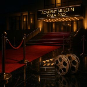 Symbolisches Bild zur Academy Museum Gala 2025 ohne Personen: roter Teppich vor Museum, goldene Scheinwerfer, Filmrollen und Absperrseile – Promi-News SEO