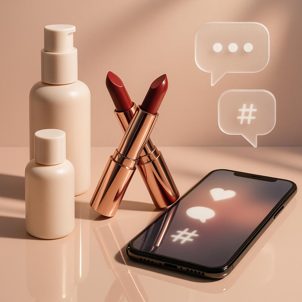 Symbolisches Stillleben: Gekreuzte Lippenstifte, Skincare-Flakons und Social-Media-Icons als Hinweis auf die angebliche Fehde zwischen Hailey Bieber und Selena Gomez, Beauty-News 2025