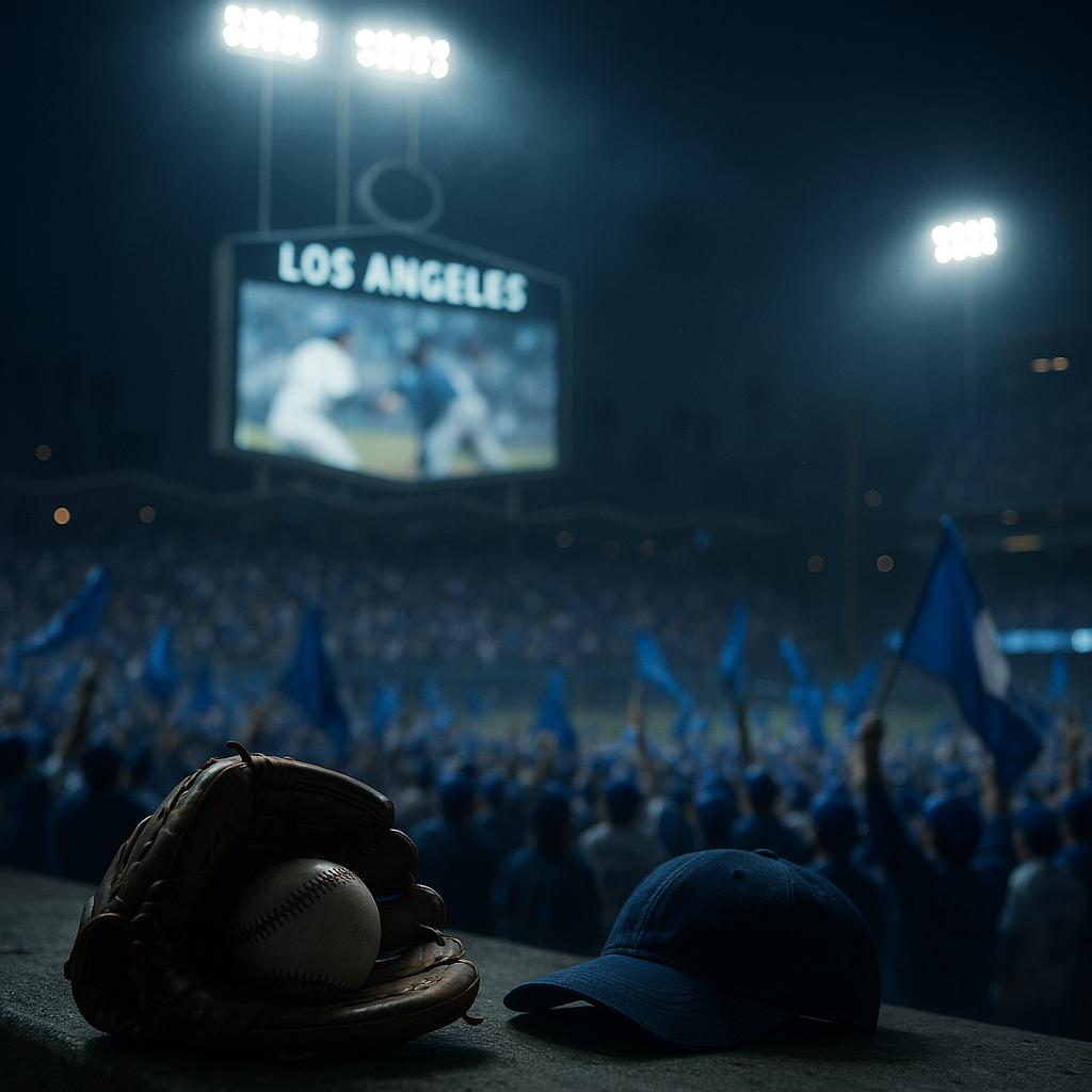 Symbolisches Nachtfoto eines Baseballstadions mit Jumbotron und jubelnder Menge in Los Angeles – Thema Buh-Rufe bei Royals-Auftritt