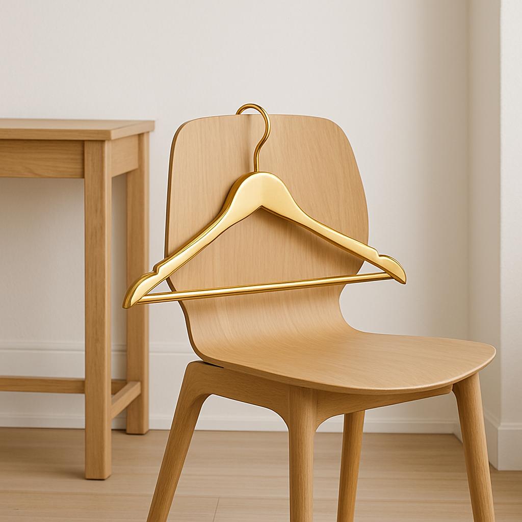Symbolbild für den Stil von Königin Mary: Goldener Kleiderbügel auf skandinavischem Stuhl