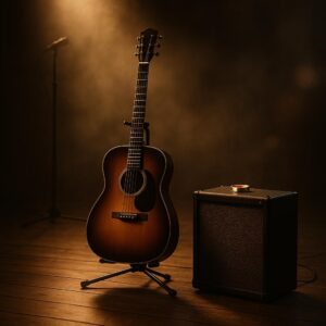 SEO-Symbolbild zum ersten Konzert von Keith Urban nach der Scheidung von Nicole Kidman: leere Bühne mit Akustikgitarre im Spotlight und Ehering auf dem Verstärker, ohne Personen