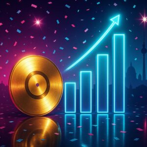 Symbolisches Bild: goldene Vinyl-Schallplatte vor neonfarbenen Chart-Balken – Rekordwoche in den deutschen Single- und Albumcharts