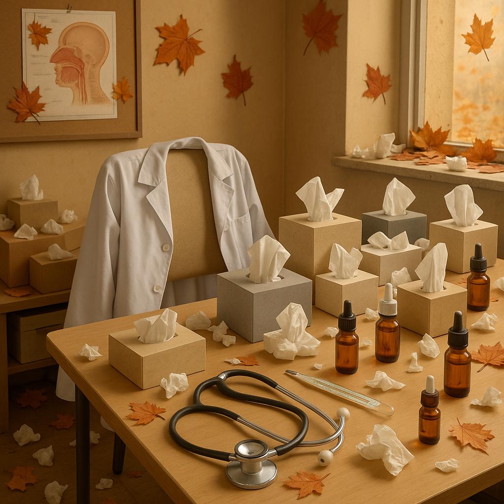 Herbstliche Szene mit leeren Arztkittel, Taschentüchern und Medizinfläschchen – Symbolbild für Grippezeit