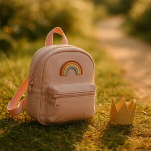 Symbolisches Foto: rosa Kinder-Rucksack mit kleiner Krone im Sonnenlicht – Internationaler Mädchentag, Empowerment und Privatsphäre