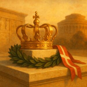 Symbolfoto ohne Personen: Goldene Krone auf Marmorsockel mit dänischer Flagge und Lorbeerkranz vor römischen Säulen – Königin Margrethes Rom-Besuch 2025
