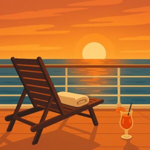 Liegestuhl und Cocktail auf Kreuzfahrtdeck bei Sonnenuntergang