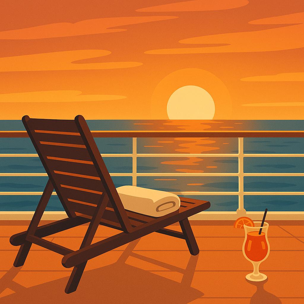 Liegestuhl und Cocktail auf Kreuzfahrtdeck bei Sonnenuntergang