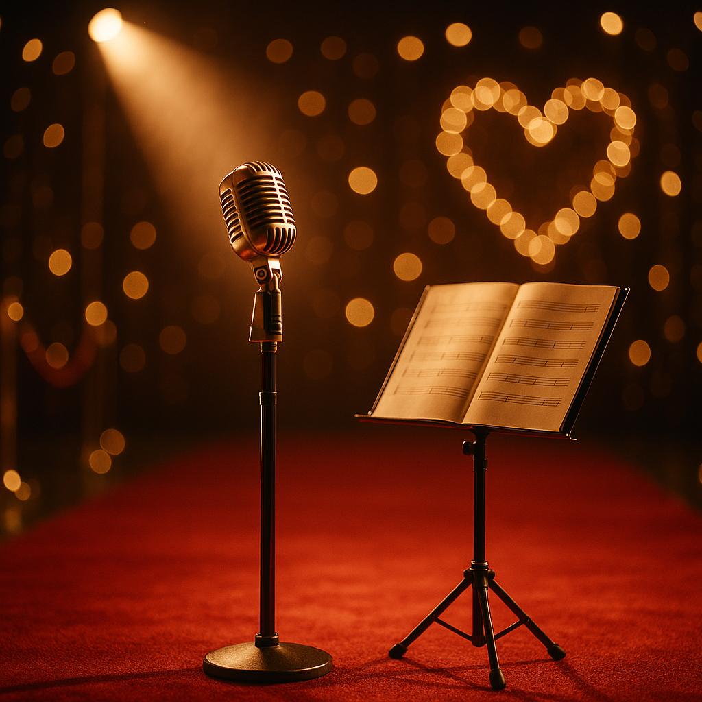 Symbolfoto zur Auszeichnung MusiCares Person of the Year 2026: goldenes Mikrofon, roter Teppich und Scheinwerferlicht, ohne Personen