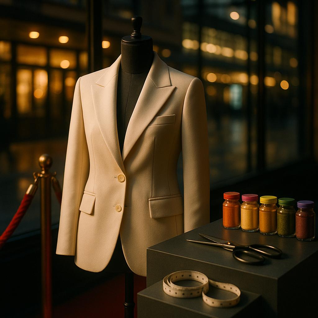 Symbolisches Bild zur Netflix-Doku über Victoria Beckham: cremefarbener Blazer auf Schneiderpuppe, roter Teppich und dezente Spice-Anspielung – ohne Personen